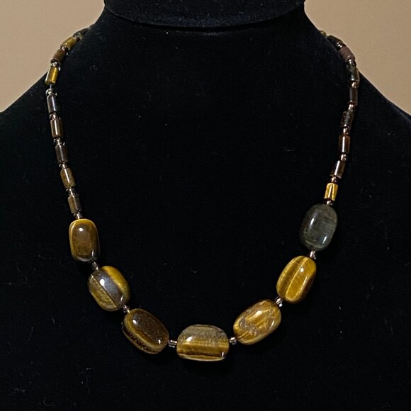 Rustic Tiger's Eye Beaded Necklace, Genuine Yellow Brown Tumbled Gemstone - Picture 3 of 11